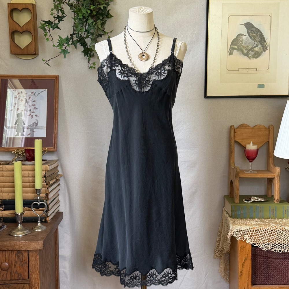 Black Lace Trim Silk Slip Dress Lingerie Goth Vintage 90s L Saks Girly Grunge